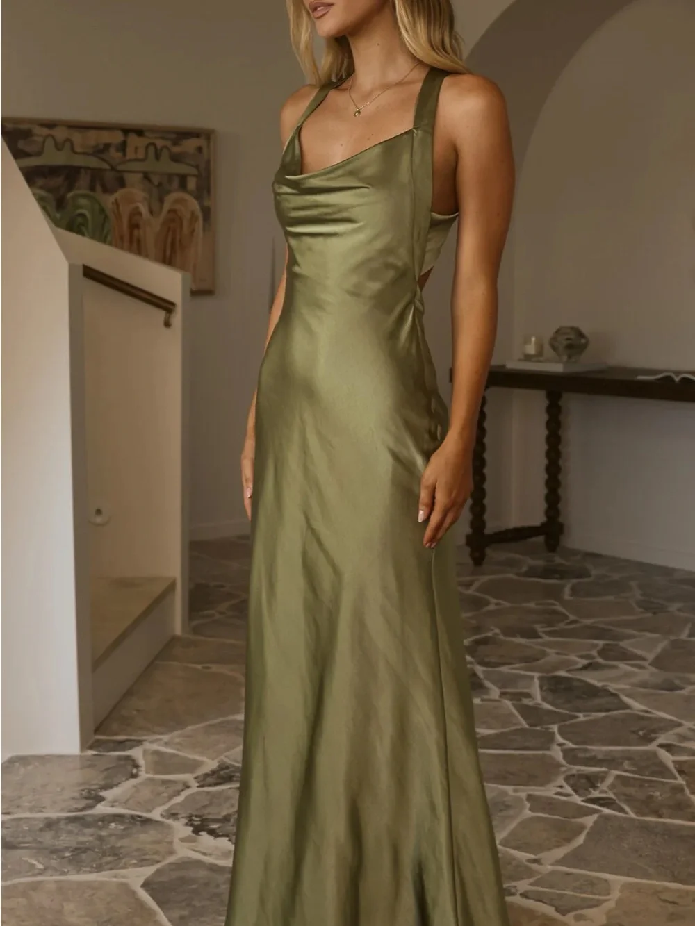 Olive Green Satin Maxi Dress with Twist Back - Picture 3 of 4